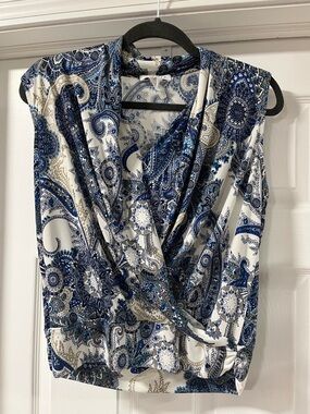 Ariella Wrap Front Blue/White Paisley Print with V-Neck Banded Hem